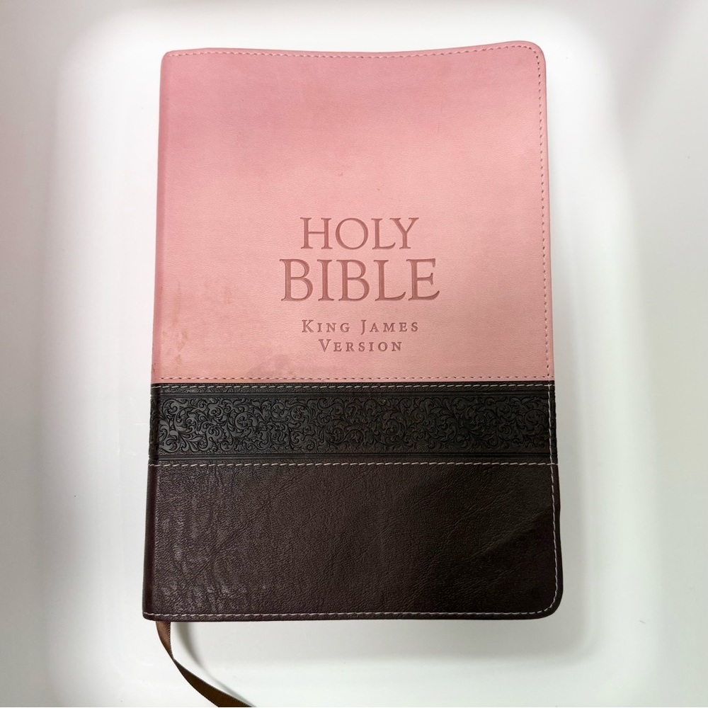 KJV Large Print Edition Two-Tone Pink/Brown King James Version Bible.